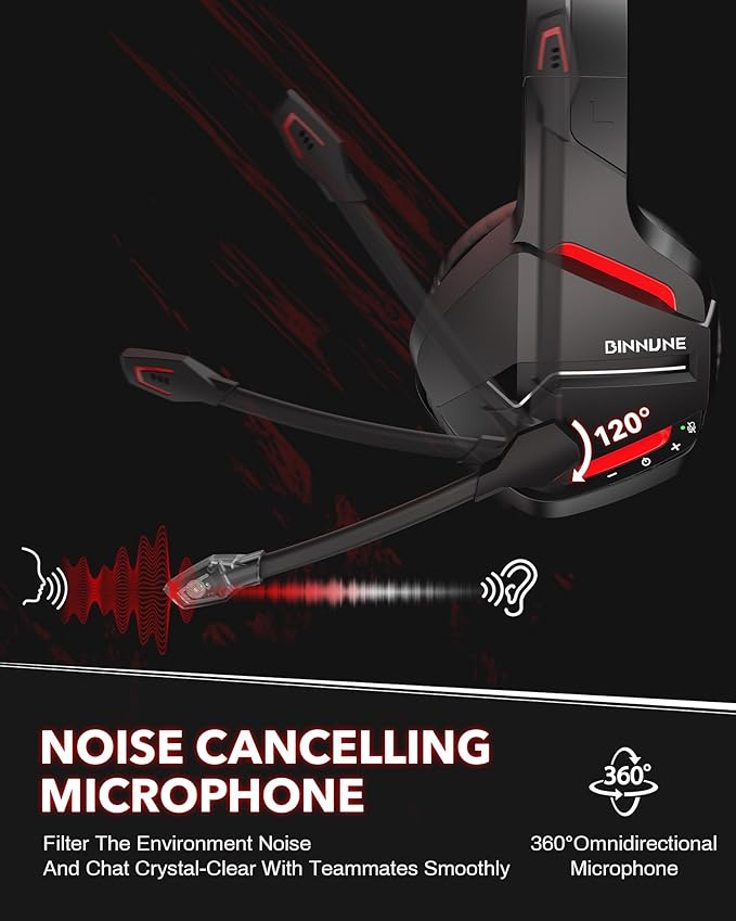 BINNUNE 2.4GHz Wireless Gaming Headset for PS5 PC PS4 Switch, 120H Ultra-Long Battery, Bluetooth 5.3 Over Ear Headphones with Noise Canceling Mic, 50mm Drivers, Comfort Wireless Headphones, Black