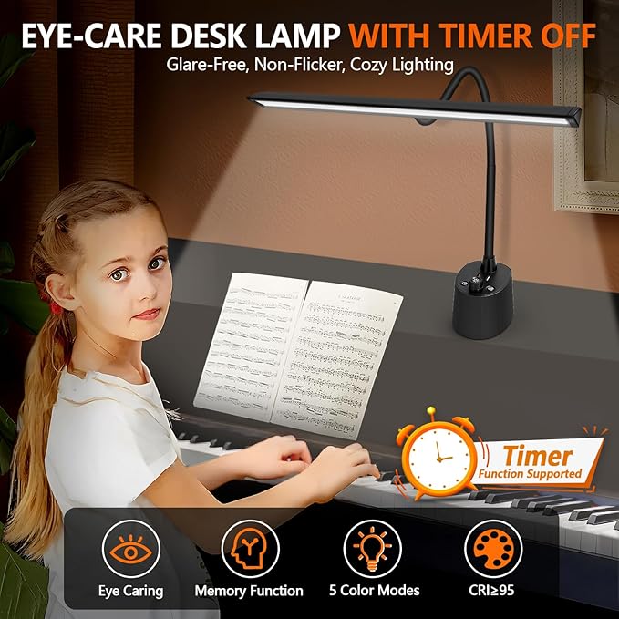 Piano Light - LED Piano Lamp for Grand/Upright/Digital Pianos - Adjustable Piano Light Desk Lamp with Flexible Gooseneck, 5 Color Modes, Dimmable & USB Charging Port Eye-Care for Home Office Bedroom
