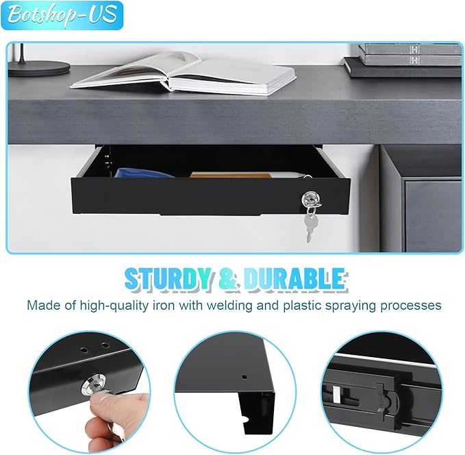 14" Under Desk Mounted Sliding Pull-out Drawer Organizer for Office - Lockable, Sit Stand Workstation, Black