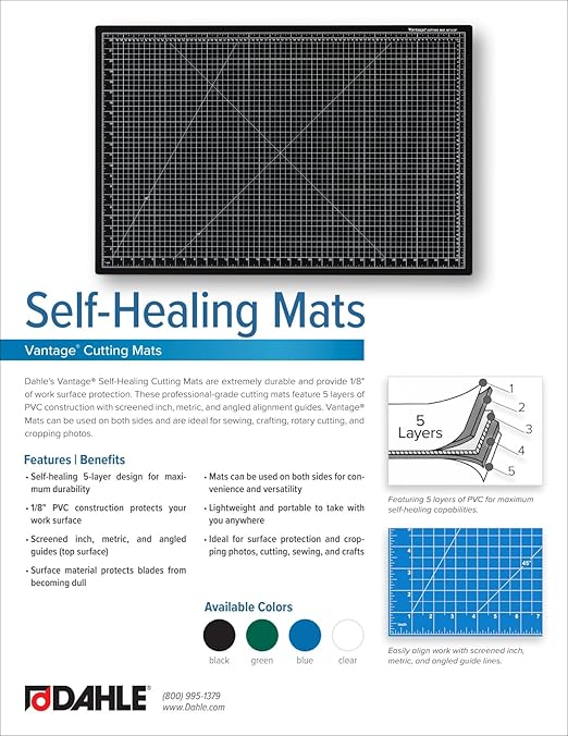 Dahle Vantage 10470 Premium Self-Healing Cutting Mat, 9"x12", 1/2" Grid, 5 Layers for Max Healing, Perfect for Crafts & Sewing, Green