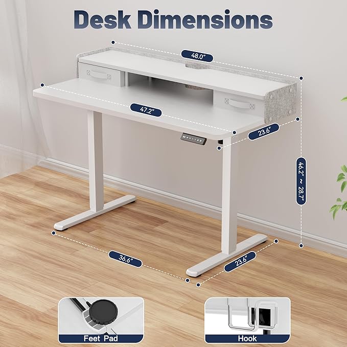 YESHOMY 48" x 23" Electric Standing Desk with 2 Storage Drawers, Height Adjustable Computer Desk, Low Noise Home Office Stand Up Desk with 2 Preset Heights & 2 Hooks, White