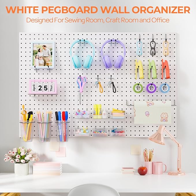 INCLY 90PCS Metal Peg Board Kit with 1/4" Pegboard Accessories, 6 Pack White Peg Board Panels, Bins, Cups and Peg Board Hooks, Paper Towel Holder,Pegboard Wall Organizer for Craft Room, Office, Sewing