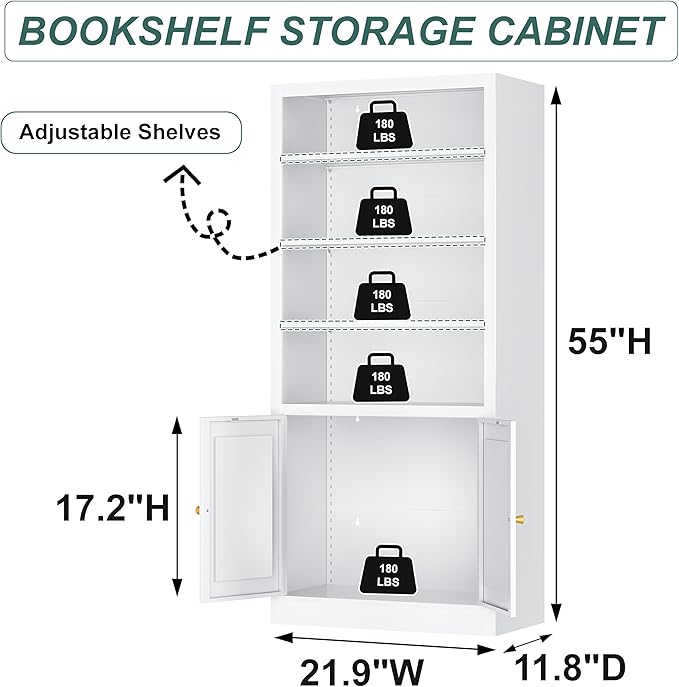 55" Tall Metal Bookcase,Heavy Duty Bookcases with Doors,Sturdy Modern Book Shelf with Cabinet,Industrial Display Book Case for Living Room,Office,Bedroom,White