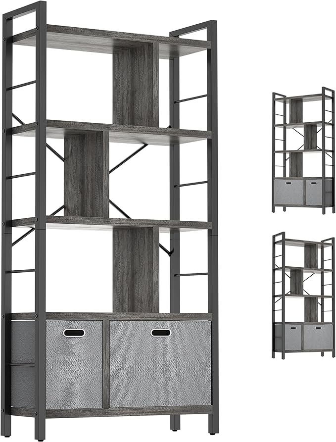 Armocity Bookshelf with Drawers - 5 Tier Tall Bookcase Geometric Modern Book Shelf Display Standing Bookshelves with Storage for Living Room, Bedroom Home Office, Grey Oak