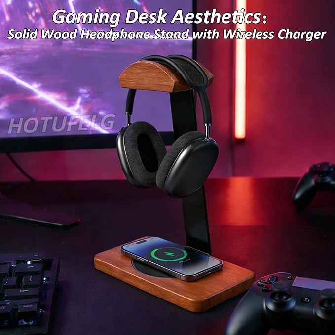 Solid Wooden Headphone Holder, Universal Headset Stand with Wireless Charger for Desk, Wireless Charger Headphone Holder for Gaming Desk Compatible with iPhone Samsung (Black)