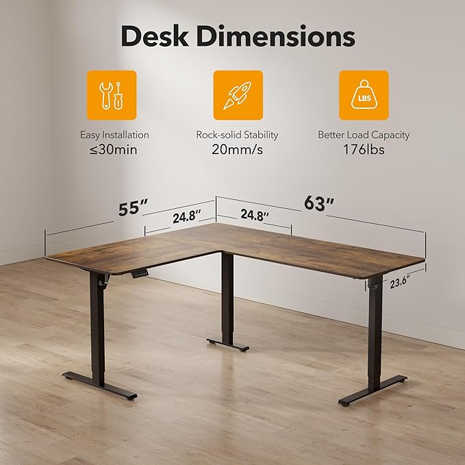 CubiCubi L Shaped Standing Desk 63 x 55 Inch Adjustable Height, Electric Corner Desk, Sit Stand Home Office Desk with Splice Board, Rustic Brown