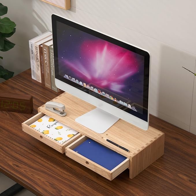 KIRIGEN Wood Monitor Stand with 2 Drawers - Computer Arm Riser Desk Storage Organizer,Speaker TV Laptop Printer Stand with Pen Slot and Cable Management,2-Tier Desktop Shelf NA-2PMJ