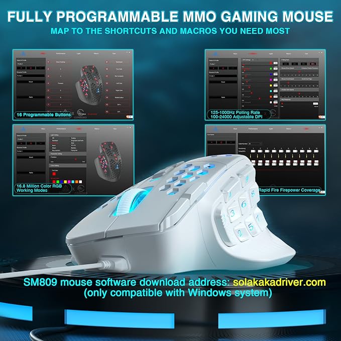 SOLAKAKA SM809 Gaming Mouse for MMO,24000 DPI,16 Programmable,RGB PC Gaming Mice,White