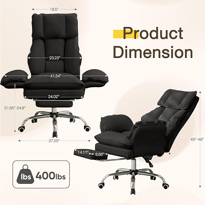 Ergonomic Cloud Cross Legged Office Chair with Footrest,Leather Big and Tall Executive Chair with Wheels,Reversible Armrest,155° Reclining Computer Wide Desk Chair for Home,Office (Black)