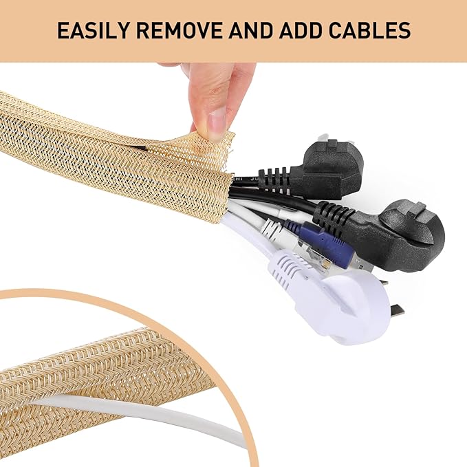 AGPTEK Cable Sleeve, 10ft - 1.5 inch Cable Management, Desk Cord Cover Organizer Wire Hider for Home Office Computer TV Wire Loom Tubing, Pet Proof Cord Protector from Cat Dog Chewing, Wood Color