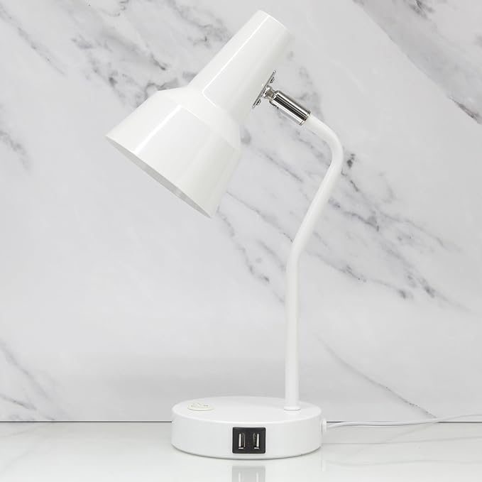 Simple Designs LD1072-WHT 15.2" Sleek Essentials Metal Cone Shade Desk Lamp with Adjustable Shade and Dual USB Ports, for Office, Desk, Nightstand, Dorm, White