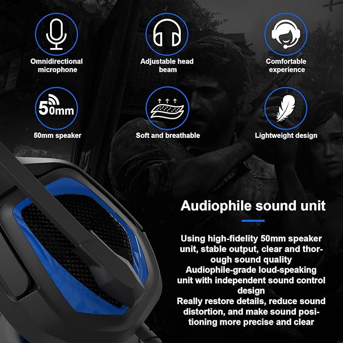 Anivia MH602 Gaming Headset Compatible with PC PS5 PS4 Xbox One Mac Laptop, Wired Stereo Over-Ear Headphones with Noise Cancelling Mic, Soft Memory Earmuffs for Adults & Kids, Black-Blue