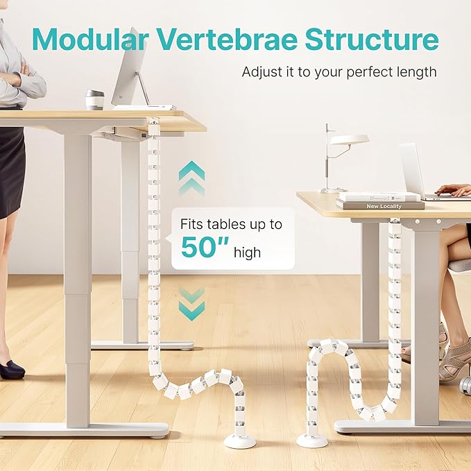 PEGZONE Under Desk Cable Management Spine – Flexible Cable Snake Organizer for Standing Desk, Screw-Mounted Vertebrae Wire Management for Table, White
