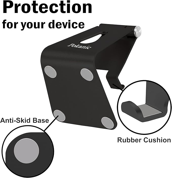 Cell Phone & Tablet Stand Adjustable Multi‑Angle Aluminum Phone & Tablet Stand Non‑Slip Dock/Cradle/Charging Station for Desktop, Bed, Kitchen, Office (Black)