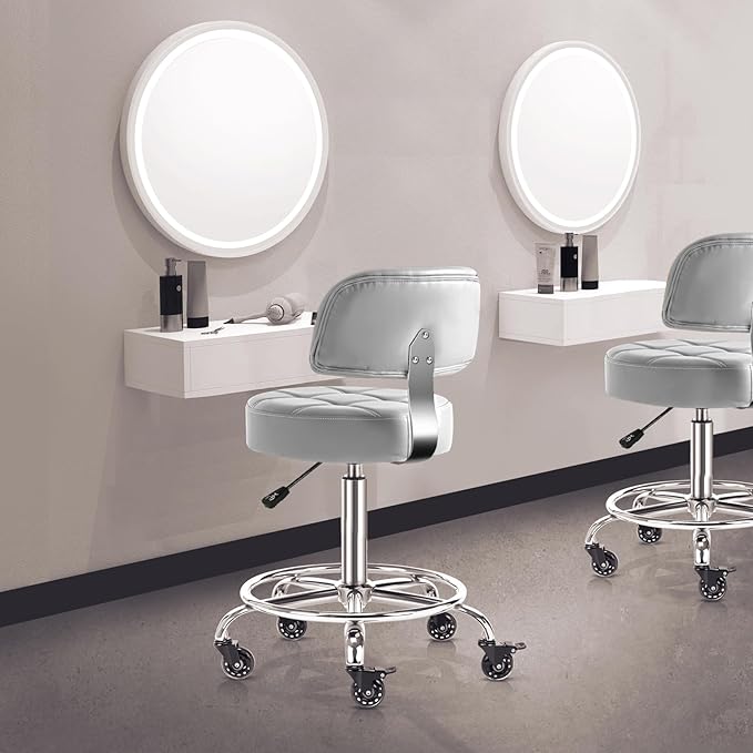 Lockable Stool with Back and Foot Rest Ergonomic Rolling Hydraulic Adjustable Stool for Doctor Esthetician Artist Home Small Office Desk (Grey, 19.5''-24.5'')