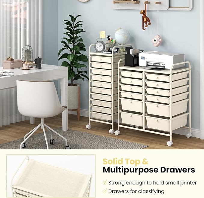 Moccha 12-Drawer Rolling Storage Cart - Utility Cart on Wheels with Lockable Casters for Craft Art Supply Paper Salon, Mobile Drawer Carts for Classroom Teacher School Office (White)