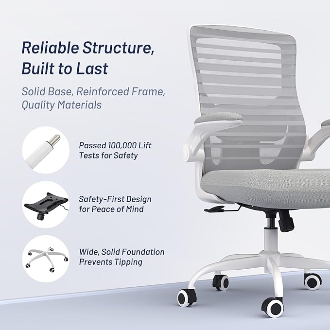 Office Chair for Long Hours & Back Pain Relief – 4" Thick Molded Foam Cushion, Padded Lumbar Support and Flip-up Armrests, Ideal for Office or Study, Light Gray
