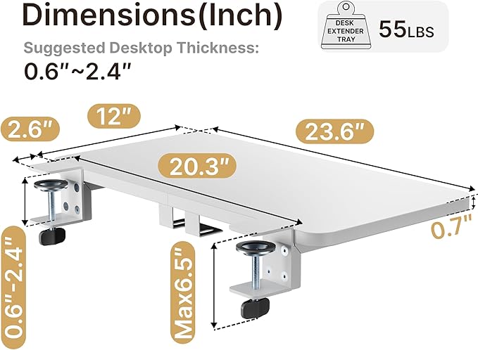 PEGZONE Desk Extender Tray, 24" x 12" Clamp On Shelf, Desk Extension with Laptop Holder, Table Arm Rest, Clamp On Keyboard Tray for Office and Home, Workstation Organizer, Medium, White