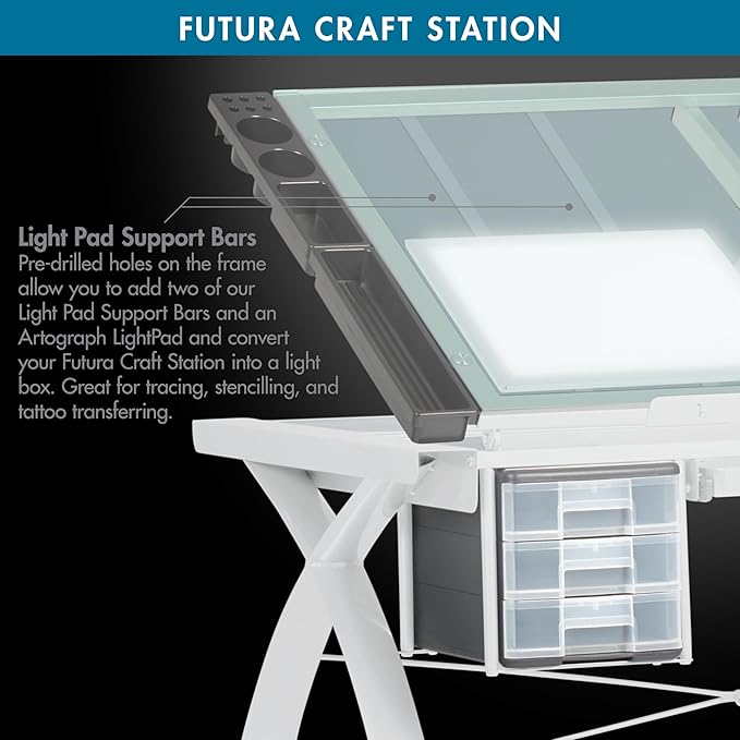 SD Studio Designs Futura Craft & Drawing Table with Adjustable Tempered Safety Glass Top – Modern Art Desk with Storage Drawers, Pencil Ledge, Matte Ivory/Sea Green Glass