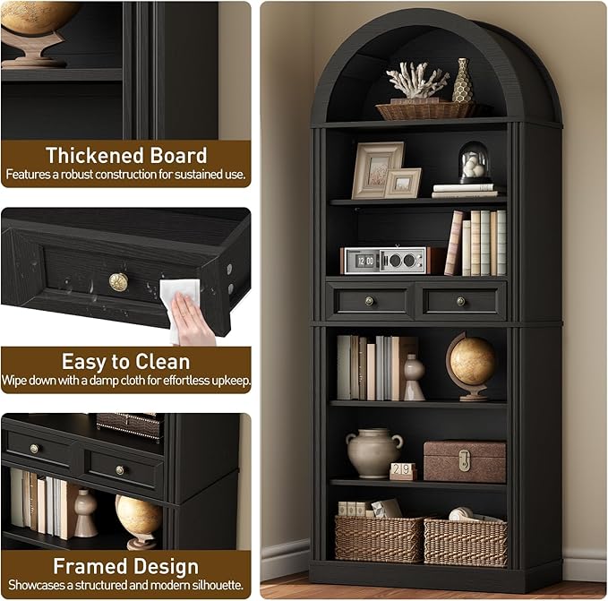 RALGEND Arched Bookshelf, 73" Tall Arch Bookcase with Drawer, 6-Tier Farmhouse Book Shelf, Wooden Bookshelf with Open Display Shelves for Living Room, Office, Adjustable Shelves, Black