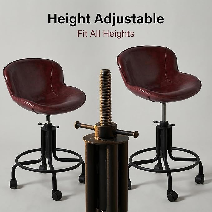 Topower Antique Industrial Design Metal Adjustable Height Kitchen Dining Breakfast Chair Industrial Style Bar Stool Fully Welded Maroon PU Leather Seat