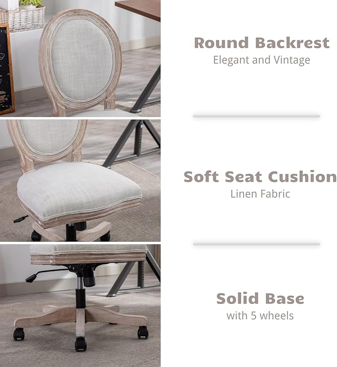 HEAH-YO Armless Home Office Chair, Vintage Linen Fabric Desk Chair with Wheels and Mid Back Support, Swivel Vanity Chair for Bedroom, Beige