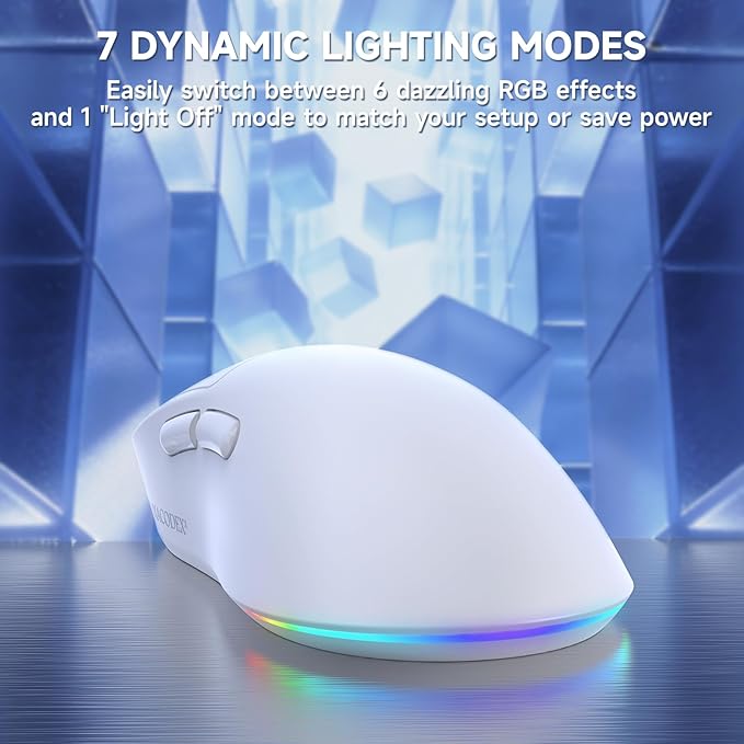 AJAZZ NJ08 Wireless Gaming Mouse 70g Lightweight, 12800 DPI, RGB Strip, 3-Mode Connection 2.4G/Bluetooth/Wired, 1000Hz Polling Rate, Ergonomic Right-Handed Design for PC, Mac, Windows, Laptop (White)