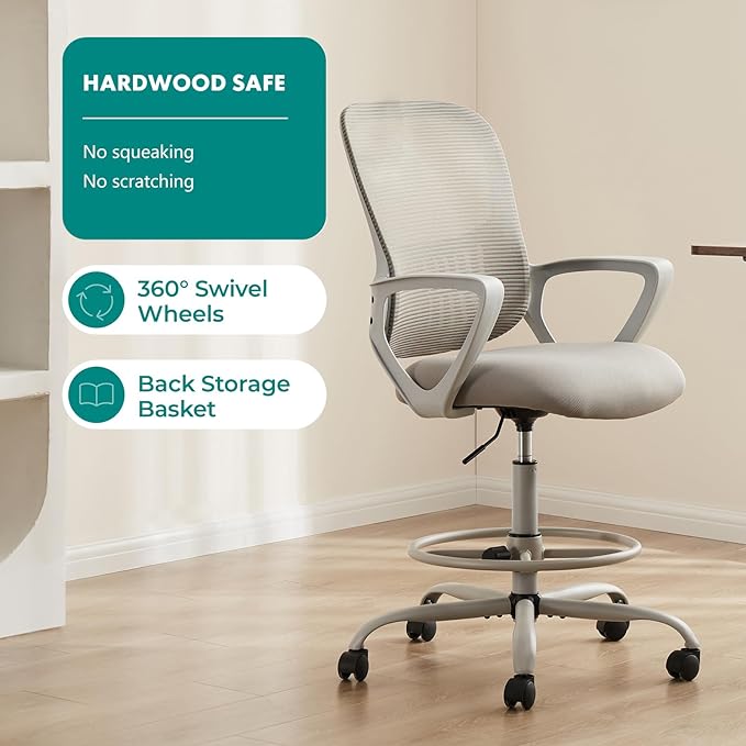 DUMOS Drafting Chair - Ergonomic Tall Office for Standing Desk, Counter with Height Adjustable and Comfortable Lumbar Support, Fixed Armrests, Grey