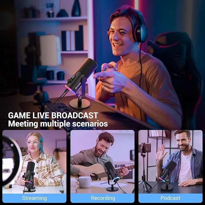 FDUCE USB/XLR Gaming Microphone kit, Dynamic PC Mic for Podcasting Streaming, Computer RGB Mic Kit with Desktop Stand, Mute Button and Headphone Jack, for Recording, Vocal Voice-Over (D30)