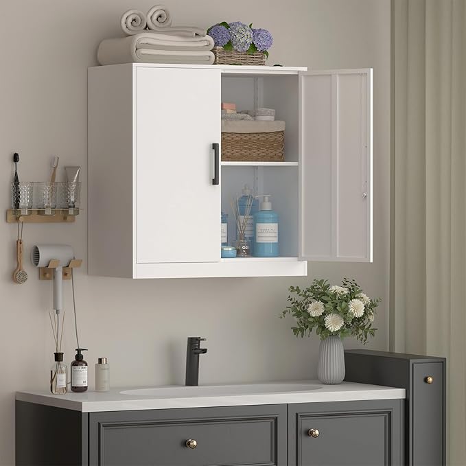 IRONFFICE Wall Cabinet,28" H Metal Storage Cabinet with Adjustable Shelf,Metal Cabinets Wall Mounted with Doors for Home Office,Kitchen,School,White