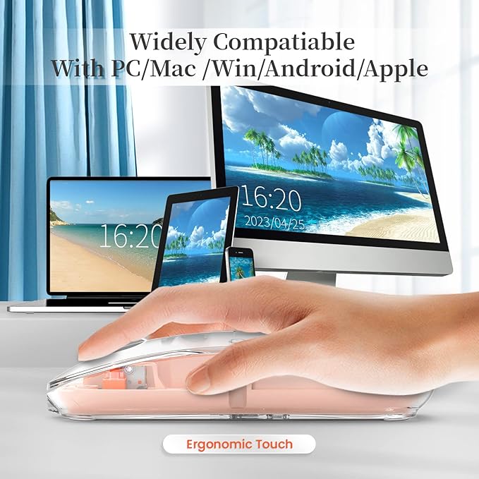 A.JAZZ Wireless Bluetooth5.1&2.4G Mini Lightweight Mouse,Transparent Clear Cool,Rechargeable Silent Computer Mice,Nano USB C Receiver,LED Battery Magic Silm for Office/PC/Mac/Laptop/Apple/ipad(Pink)