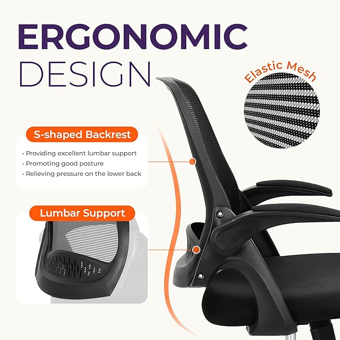 NEO CHAIR Office Desk Gaming Ergonomic Computer Chair with Lumbar Back Support Adjustable Height Swivel Rolling Wheels Flip-up Arms Mesh Chair for Home Vanity (Black)