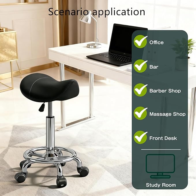 Saddle Stool, Adjustable Height Ergonomic Swivel Chair with Wheels, PU Leather Saddle Seat with Ring Pedal for Salon, Massage, Clinic, Lab, and Office
