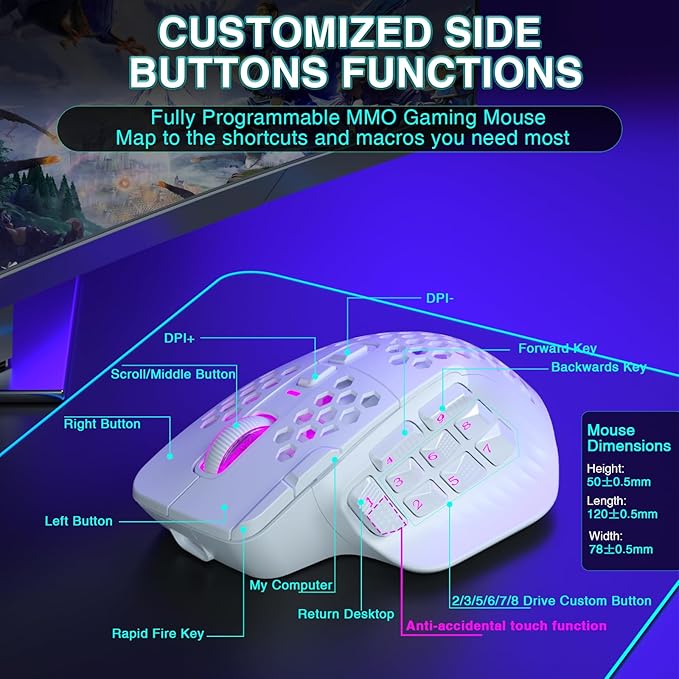 SOLAKAKA SM809 Pro Gaming Mouse with 9 Side Buttons,24000 DPI RGB Mouse for Gamer,16 Programmable Macros MMO Mouse,White