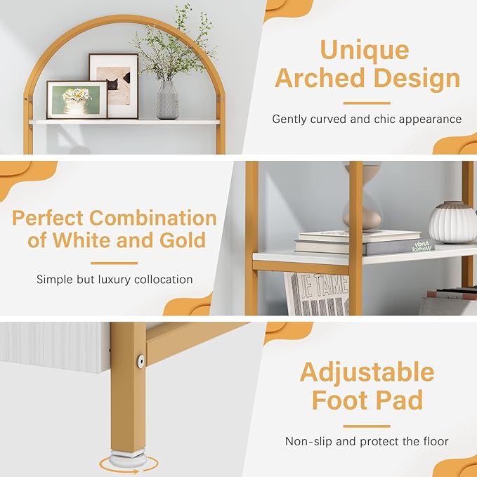 Jehiatek Gold Bookshelf, Arched Bookcase with Doors Storage, 71" Tall Industrial Book Shelf with Sturdy Metal Frame, E1 Quality Boards, Freestanding Display Shelving Unit, White and Gold