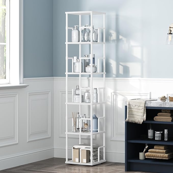 MAHANCRIS 5-Tier Rotating Bookshelf, Freestanding Corner Bookshelf, 360° Spinning Bookcase, Industrial Style Storage Rack with Rails, for Living Room, Bedroom, Study, White BKWT1601