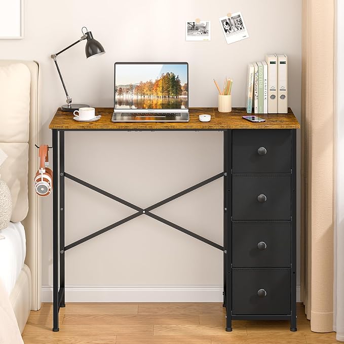 Small Computer Desk with 4 Fabric Drawers, 36 Inch Reversible Writing Desk for Home Office Bedroom, Modern Simple Kids Student Study Desk with Storage, Compact Desk for Small Spaces, Rustic Brown