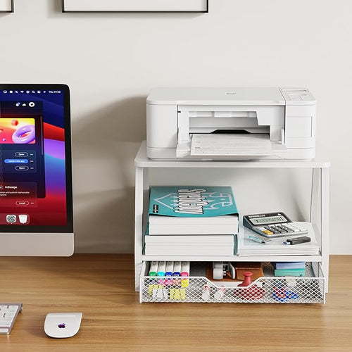 2-Tier Printer Stand with Storage, Desktop Organizer with Drawers for Printer Paper, Desk Shelf for Office and Home Printer Tables for 3D Printers‌ White