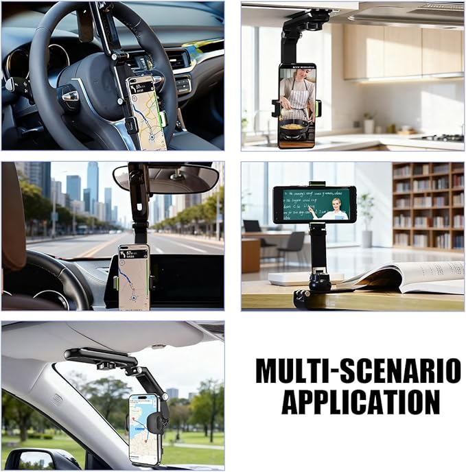 Car Sun Visor Phone Holder, Multifunctional 1080° Rotatable Retractable Vehicle Rearview Cell Phone Mount, Autom Visor Smartphone Holder, Universal for SUV RV Truck (Green)