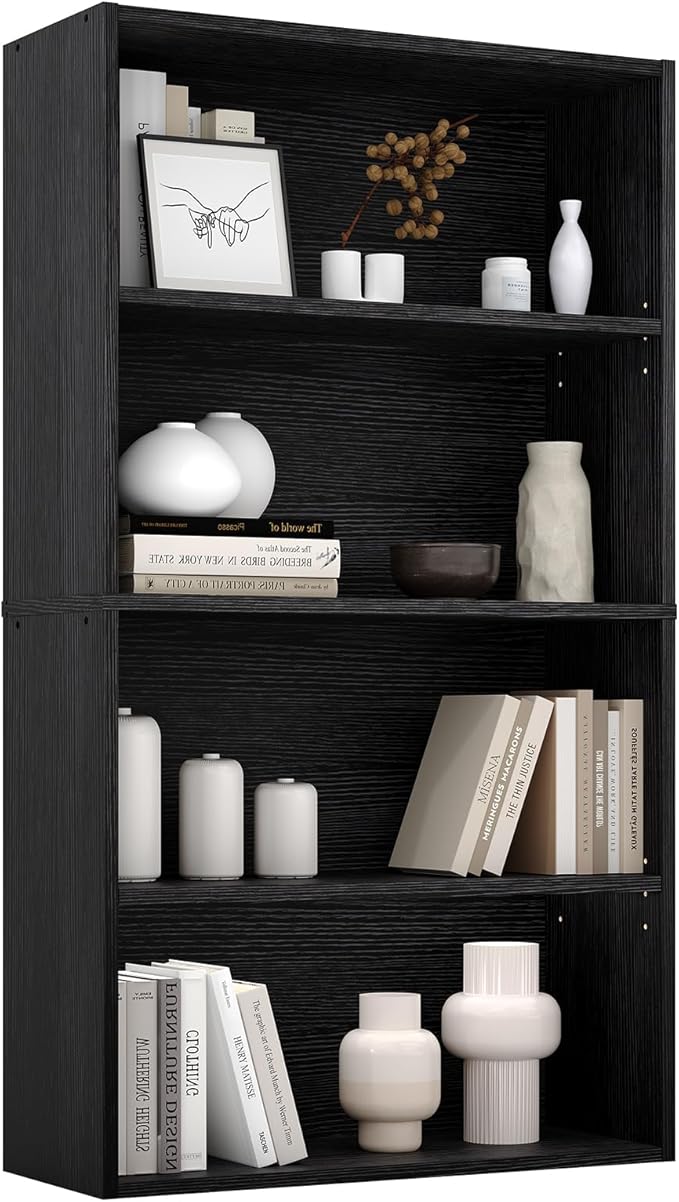 Sweetcrispy Industrial 4 Shelf Bookcase - Large 42.1 Inch Tall Floor Standing Open Bookshelf for Home Office, Living Room, and Bedroom Storage, Classic Black