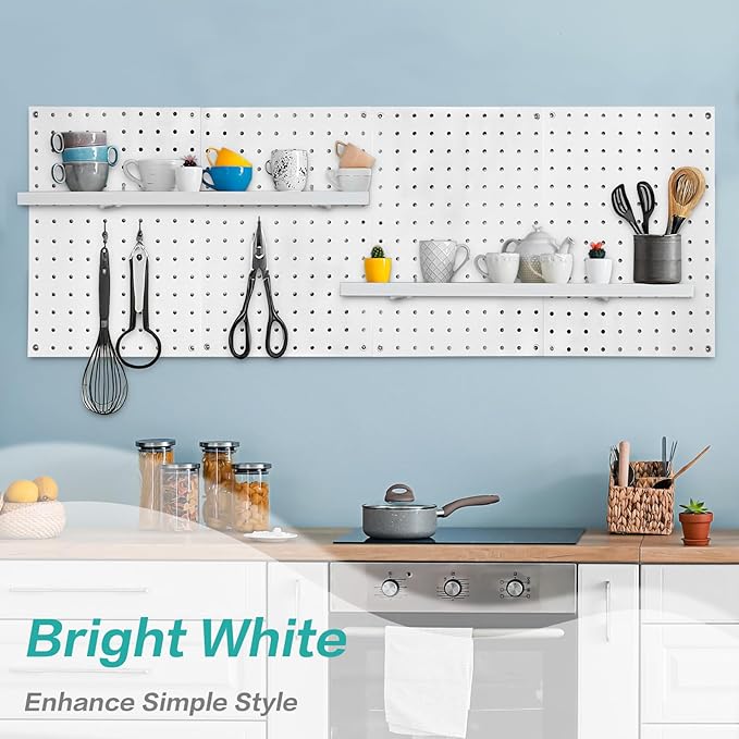 Pegboard Shelves, White 16" x 6" Large Peg Board Racks 2Pack Wall Organizer Shelf, 1/4 inch Heavy Duty Metal Brackets Fit All Pegboards, Wood Slats, Craft Garage Workbench Office Shelving Accessories