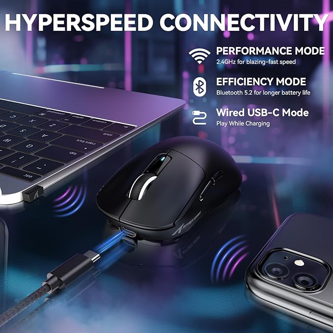 MAMBASNAKE Attack Shark X3MAX Wireless Gaming Mouse,PixArt PAW3950 42000 DPI,49g Ultralight Tri-Mode(BT5.4/2.4GHz/Wired), 1K Polling Rate Programmable Computer Mice for PC/MAC/Win - Black