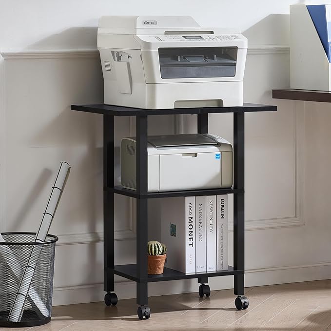 YUFAM Black 3 Tier Home Printer Stand with Storage, Wooden Mobile Printer Table Shelf, Rolling Printer Cart Shelf with Lockable Wheels fit Fax Machine, Scanner