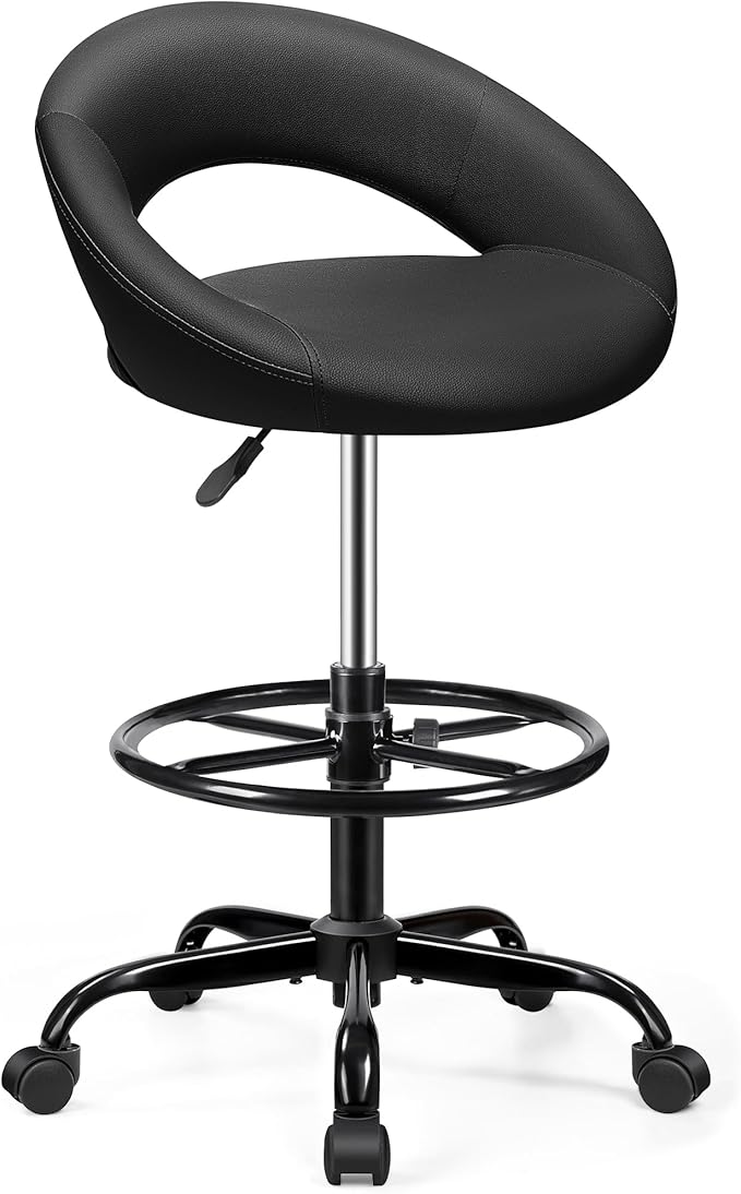 BESTFAIR Office Drafting Chair - Bar Stools with Back Support, Adjustable Foot Rest and Wheels, Shop Rolling Swivel Chair for Standing Desk Counter Kitchen Salon Home Vanity, Black