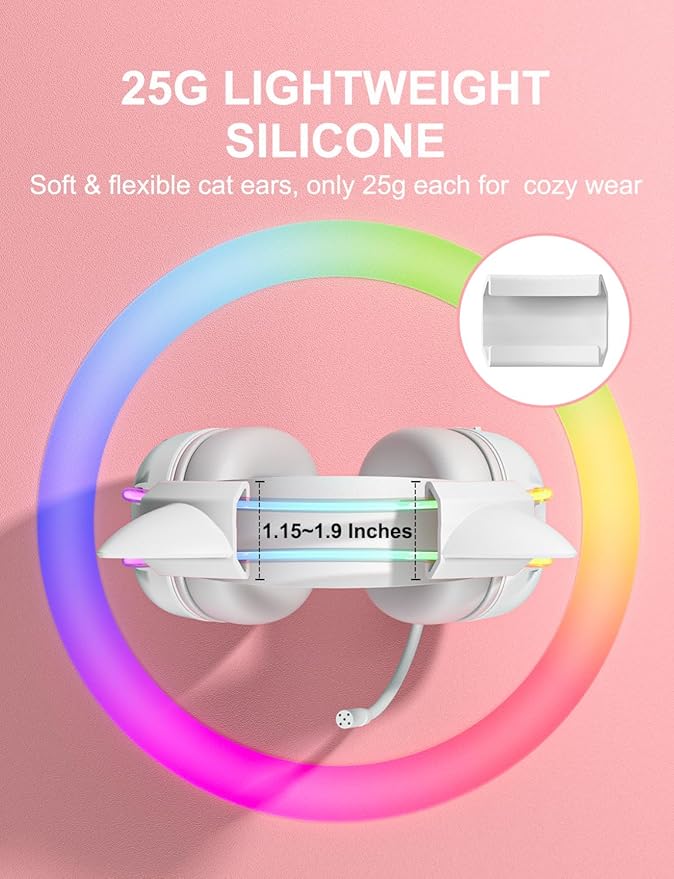 White Cat Ears for Headphone, Silicone Cute Kitty Ears Attachment, Lovely Detachable Accessories Fit for Gaming Headset, Lightweight & Durable