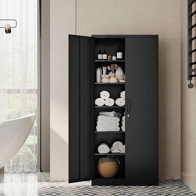 Fesbos Metal Storage Cabinet-71” Tall Steel File Cabinets with Lockable Doors and Adjustable Shelves-Black Steel Storage Cabinet for Home, School, Office, Garage