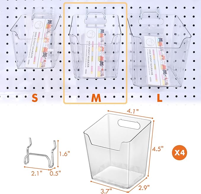 LIGHT DUST Clear Pegboard Cups with Hooks, 1/8" & 1/4" Peg Board Orangizer Accessories Aesthetic Decoration for Garage Workbench Craft Room Office Playroom Organization (4, Medium)