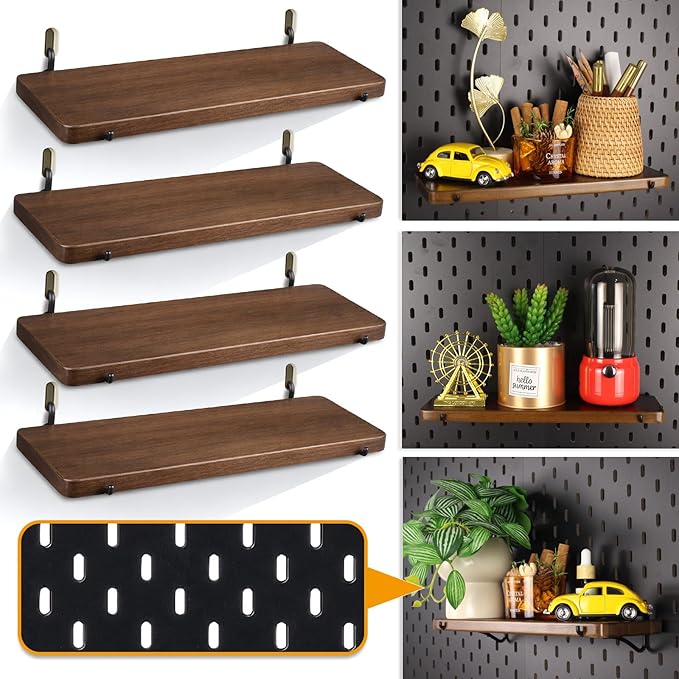 Walnut Color Pegboard Shelf, Pegboard Accessories, Wooden Pegboard Shelves with Pegboard Hooks, Compatible with IKEA Skadis Pegboard (4 pcs)