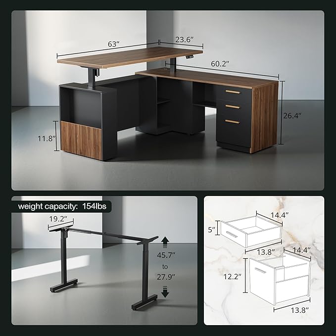 ModernMate Office Furniture Set, 63" L Shaped Standing Desk with File Cabinet, AC/USB, Office Desk Set with 73" Book Shelf, Home Office Furniture Sets, Black Walnut