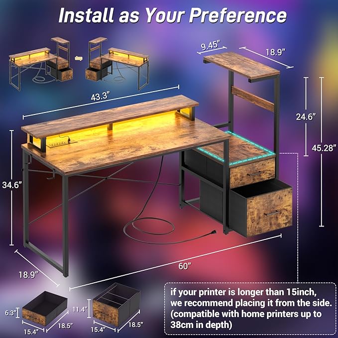 Aheaplus Gaming Desk with LED Strip & Power Outlet, 59Inch Reversible Computer Desk with Monitor Stand & Storage Shelves, Home Office Desks with Fabric File Drawer, Gamer Table PC Desk, Rustic Brown